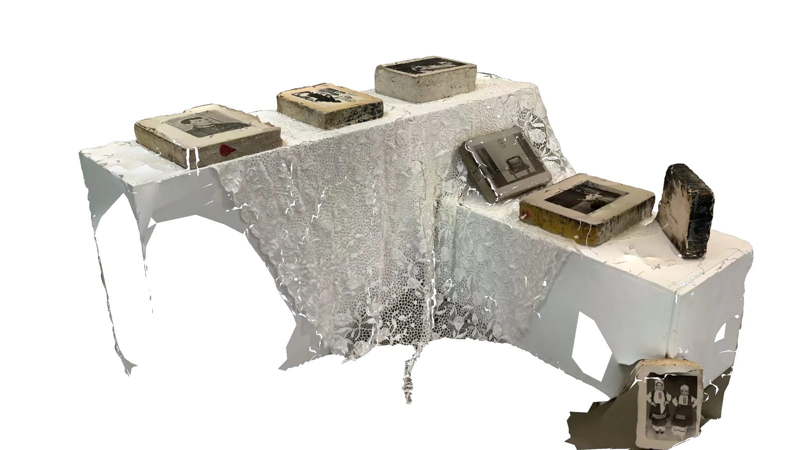3D scan of the installation NOTHING’S SET IN STONE: lithographic stones on lace-covered plinths