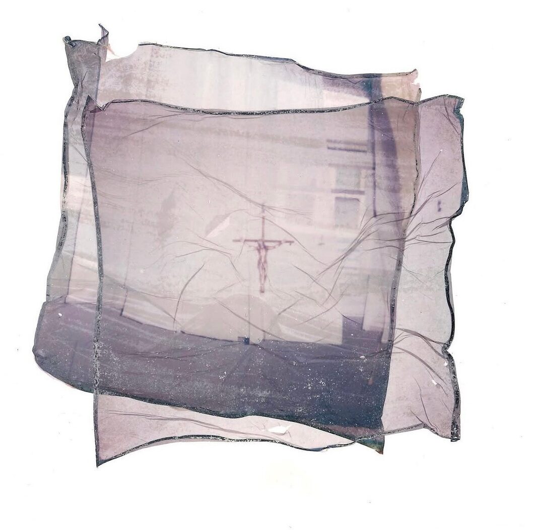 Layered translucent violet Polaroid emulsion transfer