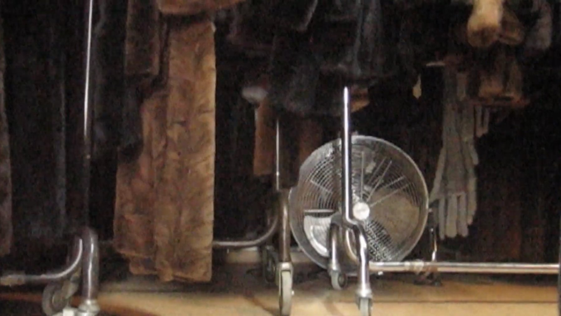 Fur coats on rolling racks with an electric fan standing between them
